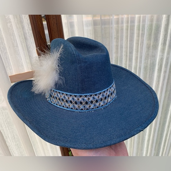 Vintage 1970’s YA Blue Denim Jean Cowboy Hat Size L Dark Wash Western 7 1/4 3/8 - Picture 7 of 9
